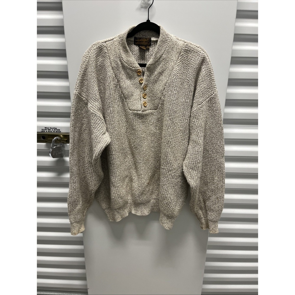 Vintage 90s EDDIE BAUER Henley Fishermans Sweater Tan 5 Button XL Tall  26.5X27